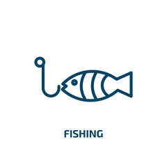 Poster - fishing icon from camping collection. Thin linear fishing, water, nature outline icon isolated on white background. Line vector fishing sign, symbol for web and mobile