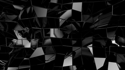 Poster - Abstract black geometric uneven bumpy surface with kinks from glossy blocks. Minimal quadrilateral grid 3d rendering in black. Computer gometric background for screensaver, presentation or wallpaper.