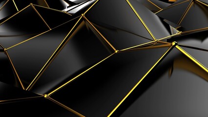 Wall Mural - Abstract black geometric bumpy surface with kinks from glossy blocks and yellow connections. Minimal quadrilateral grid 3d rendering in black. Computer gometric background for presentation.