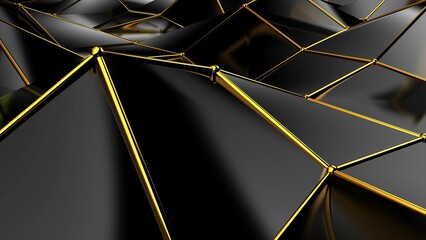 Poster - Abstract black geometric bumpy surface with kinks from glossy blocks and yellow connections. Minimal quadrilateral grid 3d rendering in black. Computer gometric background for presentation.