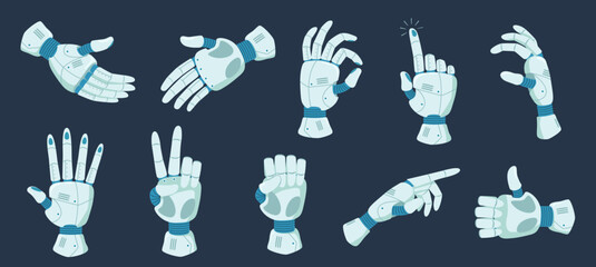 Poster - robot hands gestures. robotic arm gesture to point, hold and handshake. futuristic bionic hand prost