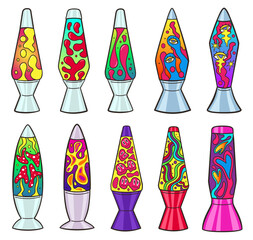 Lava lamps. Psychedelic bubble liquid, 90s retro lamp with colourful neon hippie abstract shapes vector illustration set