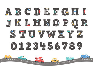 Poster - road alphabet. funny letters and numbers with hand-drawn trucks and cars, kids font vector illustrat