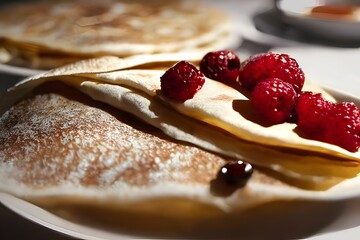 Sticker - Closeup of delicious raspberry crepes with powdered sugar