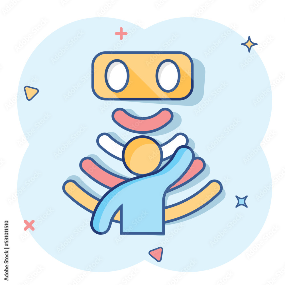 Sticker Sensor Cartoon Motion sensor icon in comic style. Sensor waves with man vector cartoon ...