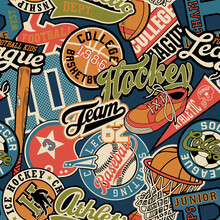 College Athletic Sporting Badges Collage Patchwork Vintage Vector Seamless Pattern For Children Wear