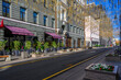 Bolshaya Dmitrovka street with tables of cafe in Moscow, Russia. Moscow architecture and landmark. Moscow cityscape