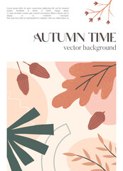 Wall Mural - Autumn creative poster with organic various shapes,acorns,foliage and copy space for text.Modern design for social media marketing,covers,invitations,placard,brochure.Trendy fall vector illustration.