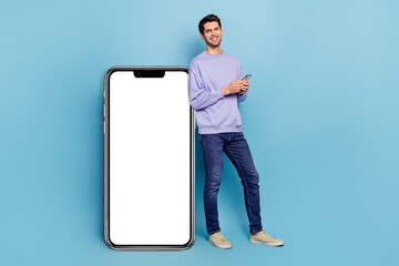 Aufkleber - Full length body size view of handsome guy using device gadget big large copy space ad isolated over bright blue color background