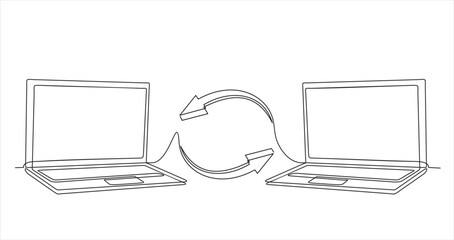 Poster - File transfer.Continuous line drawing of Two laptops with folders on screen and transferred documents. Copy files, data exchange, backup, PC migration, file sharing concepts.