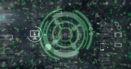 Poster - Image of scope scanning over network of connections with icons and moving columns