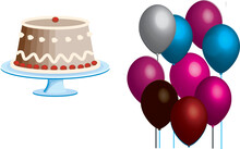 Vector Illustration Of Birthday Balloon And Cake.