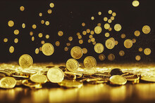 Falling Coins, Falling Money, Flying Gold Coins, Golden Rain. Jackpot Or The Concept Of Success. Modern Background.