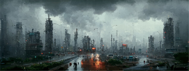 Wall Mural - design of a foggy city with destroyed buildings under smoke gray sky
