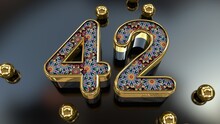 Vintage Royal Gold Floral Pattern 42 Number With Gold Metal Spheres Above The Glass Plane 3D Rendering