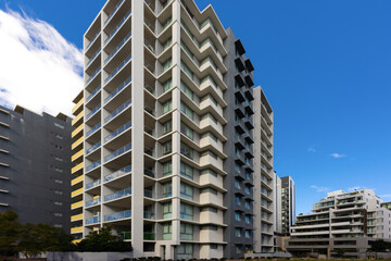 Residential high rise apartment building in inner Sydney suburb NSW Australia. Residential complex in leafy suburbia. Urban living high density suburban city 