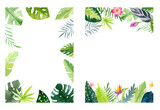 Watercolor frame, tropical flowers and leaves. Jungle flowers. Safari exotic greenery cute childish baby shower illustration. Floral summer isolated wreath. Monstera banana leaves border