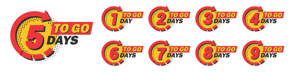 Poster - Set of countdown 1 to 9 left days with arrow and halftone in a flat design. Announcement icons for promotion