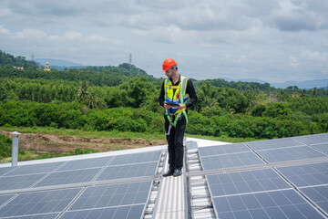 Aufkleber - Technician checks and maintenance of the solar panel at solar power plant,Solar panels.