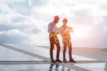 Aufkleber - Technicians inspection inspect solar panels on the roof at Solar Power Station,Economic energy and cost saving concept.