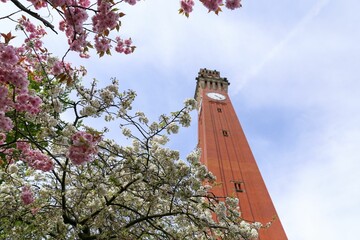 Below view of the Joseph Chamberlain memorial clock tower in Birmingham University, United Kingdom