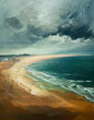 An impasto style acrylic painting of a coastal beach and waves