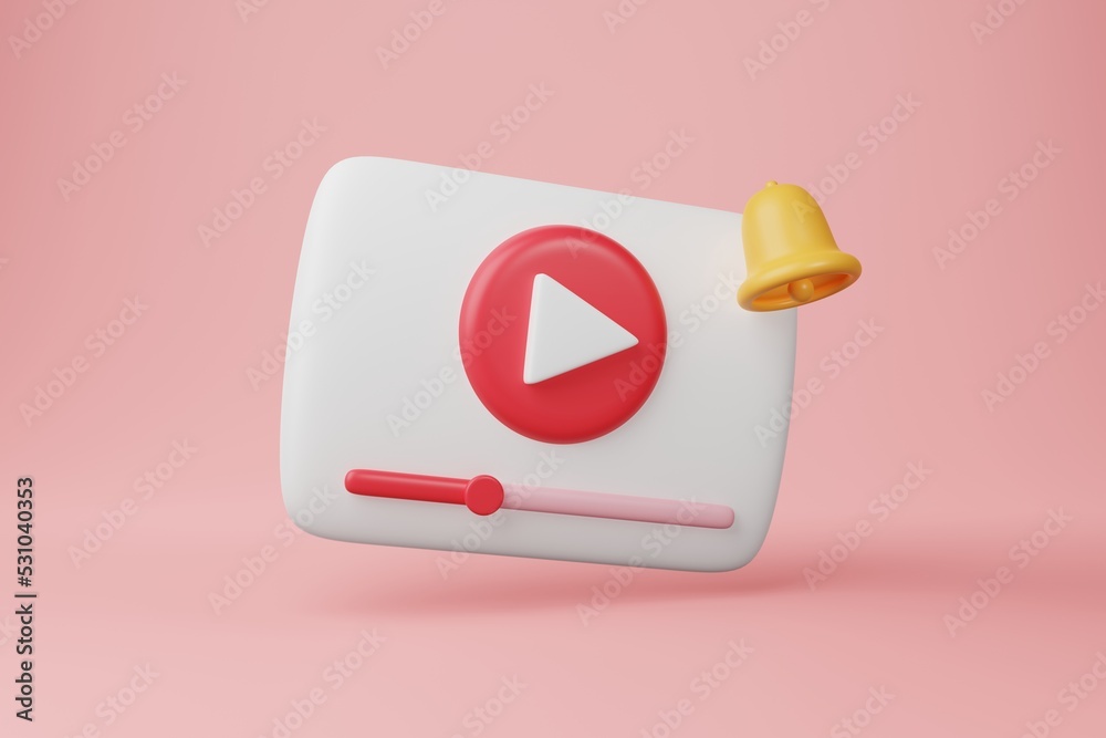 Minimal red video multimedia play button with bell on pink background ...