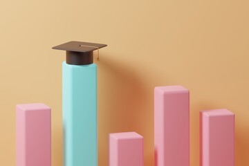 3D rendering black graduation cap on the top a highest blue bar chart on orange background. Education is important concept