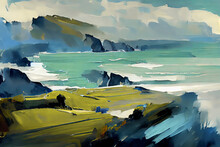 An Acrylic Style Painting Of An English Coastal Scene