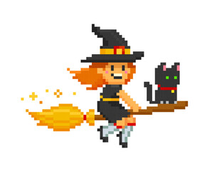 Pixel Art flying Witch on broomstick with black cat. 8-bit style halloween vector illustration isolated on white. Cartoon funny pixel witch girl character with cute kitten. Editable vector