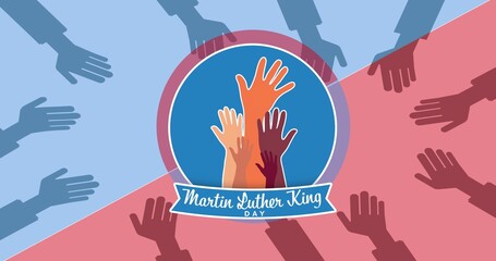 Digital composite image of martin luther king day text with hands symbol over two tone background