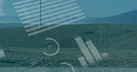 Poster - Image of financial data processing over wind turbine