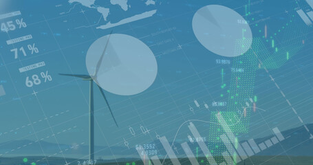 Poster - Image of financial data processing over wind turbine