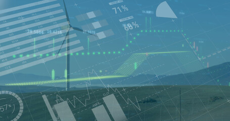 Poster - Image of financial data processing over wind turbine
