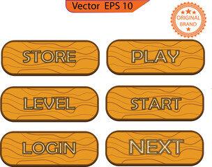Wall Mural - Wooden buttons for user interface design in game, video player or website. Vector cartoon set. Vector cartoon kit of brown banners. 