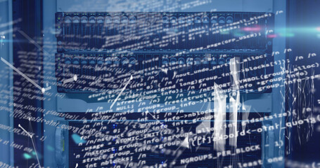 Poster - Image of data processing and shapes over server room