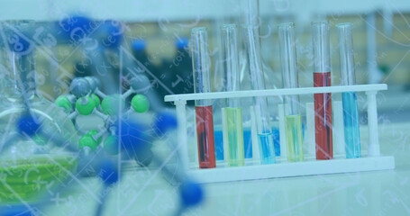 Poster - Image of mathematical and scientific formulae over chemistry laboratory