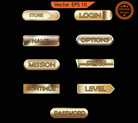 Wall Mural - Set of glass gold buttons and sliders, Game UI, game interface, web icons of different forms. Gradient mesh. Button set color gold glossy. 