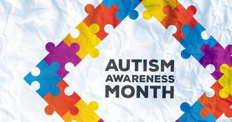 Poster - image of autism awareness month in frame formed with autism awareness month puzzles