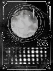 Dark Vertical Lunar Calendar of 2023 for Northern Hemisphere. Moon calendar with watercolor moon and silver elements