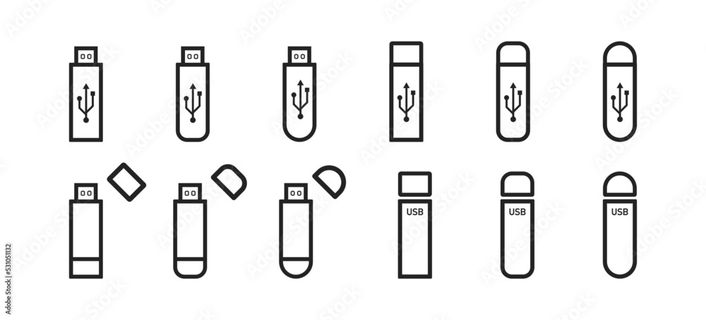 USB stick icons set on white background. Portable flash disk. External ...