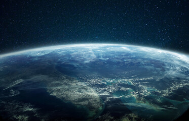 Poster - Amazing planet earth in a deep space with stars, view from the hotel spaceship to the planet. Space tourism, concept.