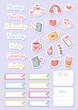 Modern vector collection of stickers for daily weekly monthly planner printable template with colorful elements. Set of note paper, to do list, stickers templates. Blank notebook page A4 printable 