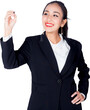 Beautiful young asian business woman gesture writing something isolated png transparent file, business concept.