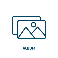 Poster - album icon from music and media collection. Thin linear album, image, studio outline icon isolated on white background. Line vector album sign, symbol for web and mobile