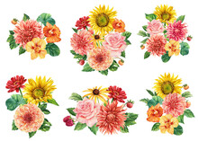 Set Of Flowers. Sunflower, Rose, Dahlia, Zinnia And Leaves. Hand Painted Illustration. Watercolor Drawing