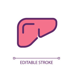 Sticker - Liver pixel perfect RGB color ui icon. Internal body organ. Digestive system. Simple filled line element. GUI, UX design for mobile app. Vector isolated pictogram. Editable stroke. Arial font used