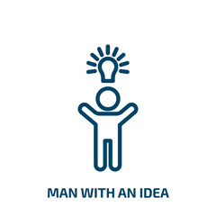 Poster - man with an idea icon from people collection. Thin linear man with an idea, idea, man outline icon isolated on white background. Line vector man with an idea sign, symbol for web and mobile