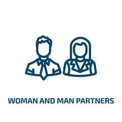 Poster - woman and man partners icon from people collection. Thin linear woman and man partners, woman, male outline icon isolated on white background. Line vector woman and man partners sign, symbol for web
