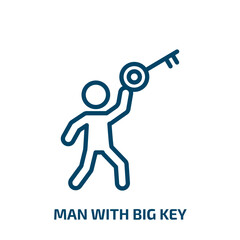 Poster - man with big key icon from people collection. Thin linear man with big key, security, man outline icon isolated on white background. Line vector man with big key sign, symbol for web and mobile